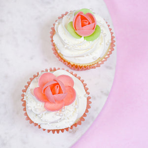 Edible Salmon Pink Wafer Paper Roses with Leaves Cake & Cupcake Decorations