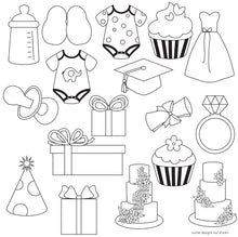 graphics of different special occasion icons for baby showers, weddings, and birthday. 