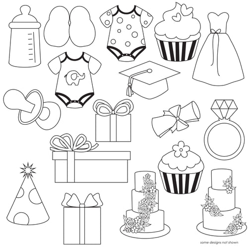 graphics of different special occasion icons for baby showers, weddings, and birthday. 