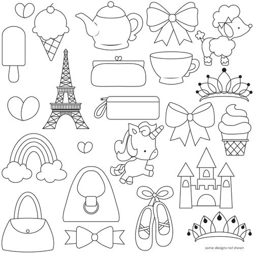graphics of pretty icons such as a poodle, rainbow, unicorn, ballet slippers, bows, crown, purse, etc.