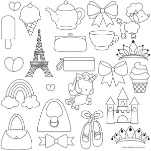 graphics of pretty icons such as a poodle, rainbow, unicorn, ballet slippers, bows, crown, purse, etc.