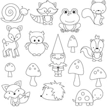 graphic of woodland themed icons like a gnome, squirrel, owl, mushroom, fox, and more.