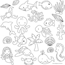 graphics of sea life icons such as a shark, mermaid, shells, seahorse, dolphin, etc.