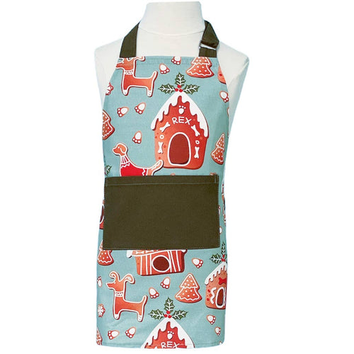 green adult apron with a gingerbread dog house and dog print