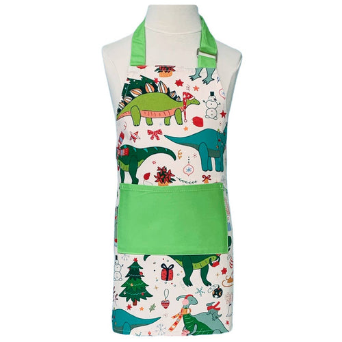 children's apron with cartoon dinosaurs dressed for Christmas