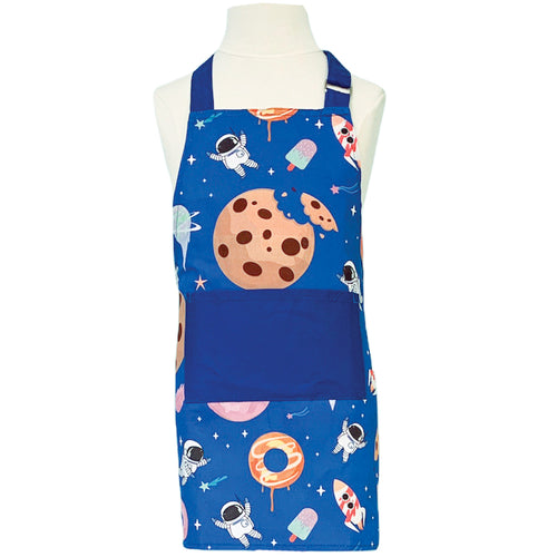 blue children's apron with space treats and astronauts