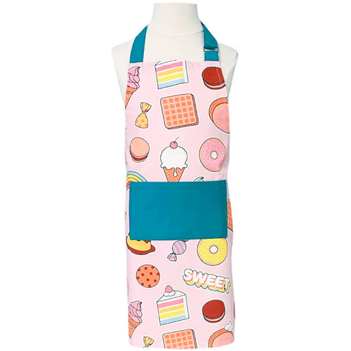 pink apron with graphics inspired by stickers featuring sweets