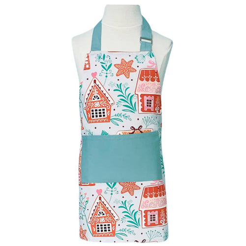 light teal and pink apron adorned with gingerbread houses