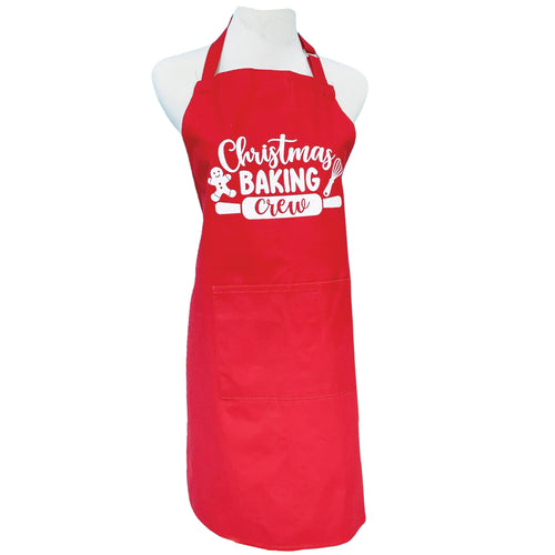red apron with a Christmas Baking Crew print