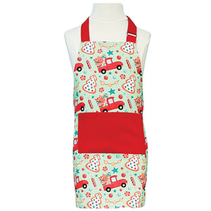 green and red christmas apron with vintage red truck and sweets