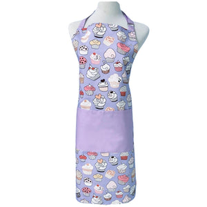 purple adult apron with whimsical cupcakes