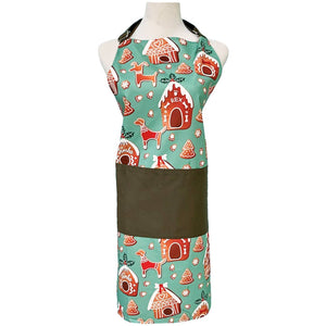 green apron with gingerbread dog and doghouse cookie print