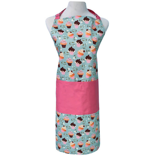 blue and pink apron with cupcake print