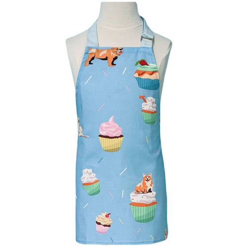 blue children's apron with cupcakes and puppies
