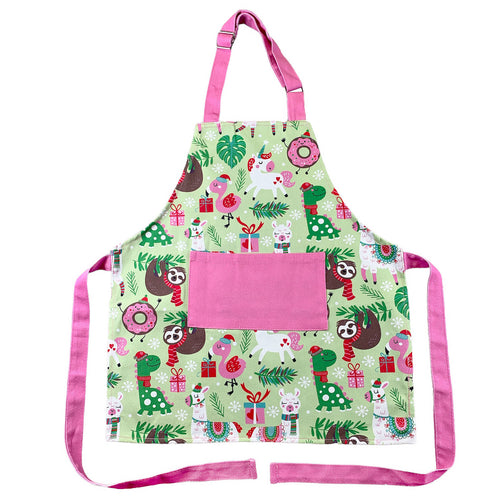 green and pink apron with whimsical animals dressed for christmas
