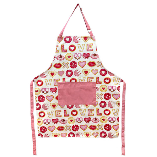 pink apron with valentine cookie print