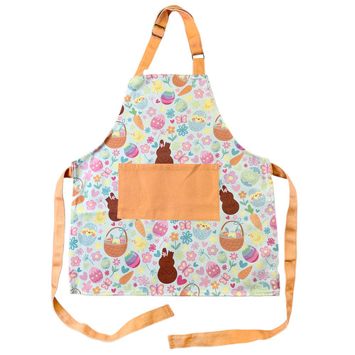 child apron with Easter icons like chocolate bunnies, carrots, baskets, and eggs.