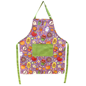 adult purple halloween apron with spooky treats graphics