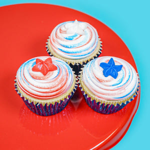Red, White Blue Star Royal Icing Edible Cupcake Decorations, Retail pkg.