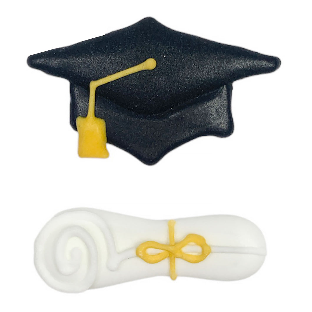 Graduation Hat/Cap and Diploma: Black Set, Royal Icing Decorations - Bulk