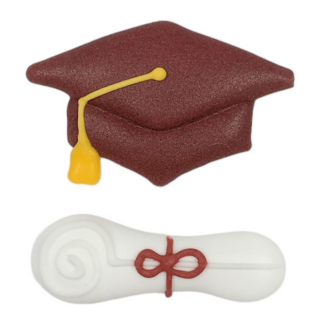 Graduation Hat/Cap and Diploma: Burgundy Set, Royal Icing Decorations - Retail