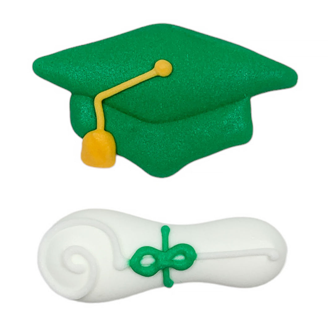 Graduation Hat/Cap and Diploma: Green Set, Royal Icing Decorations - Bulk